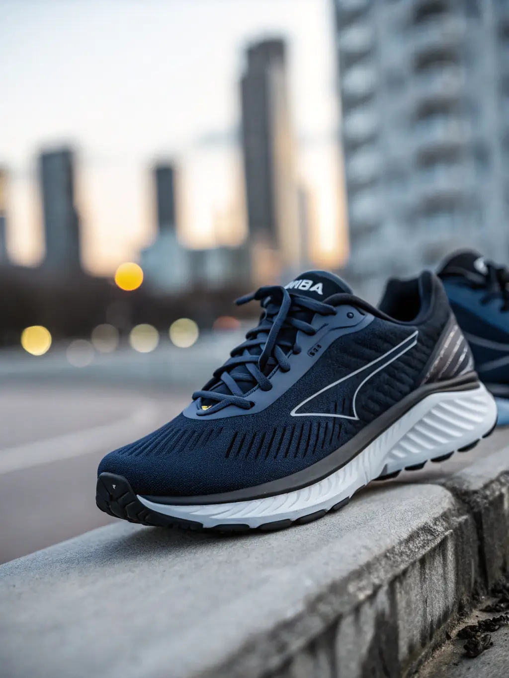 A pair of cutting-edge running shoes with advanced cushioning technology, showcased on a treadmill with a digital display showing performance metrics.
