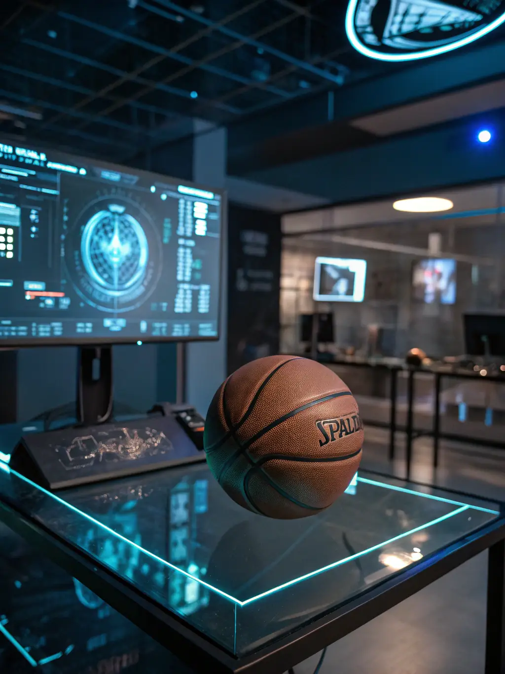 A high-tech basketball with embedded sensors, displayed in a dynamic action shot of a player dribbling on a basketball court.