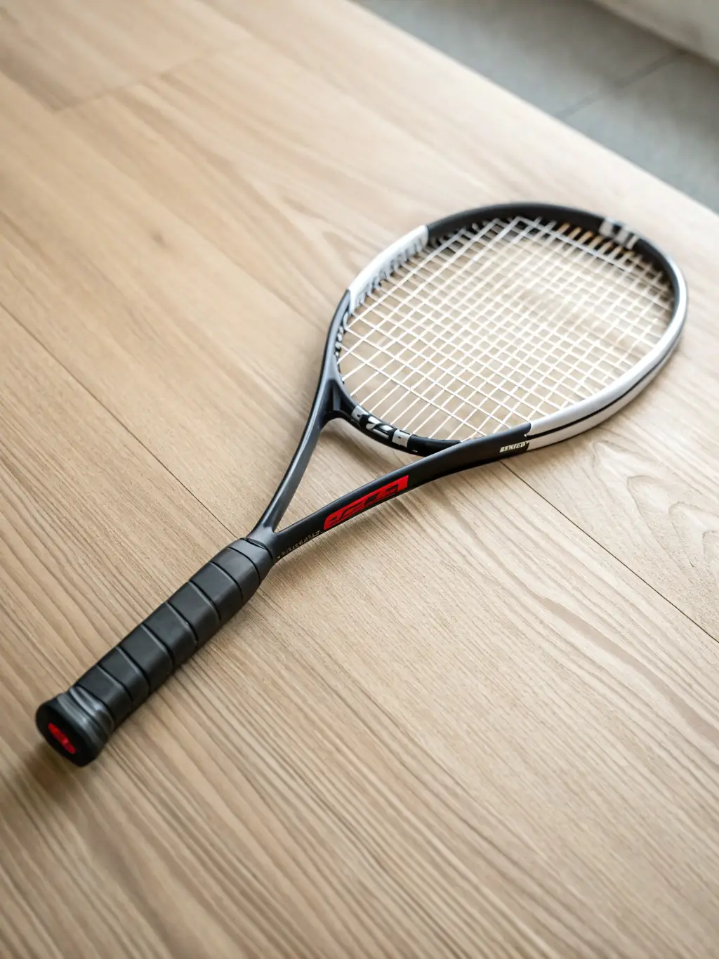 A close-up shot of a high-performance tennis racket with the Starry Sports logo subtly displayed on the frame, set against a blurred background of a tennis court in action.
