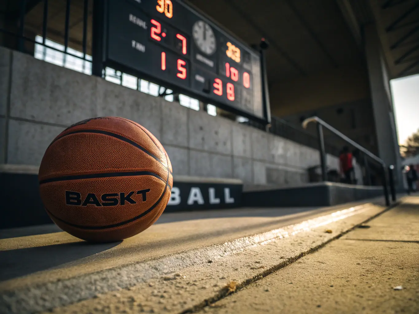 A high-quality image of a Starry Sports AI-enhanced basketball with integrated sensors, displayed on a modern basketball court. The image should highlight the advanced technology and sleek design of the ball.